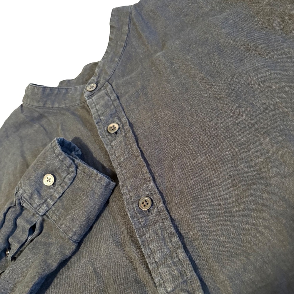 Club Monaco Linen Shirt Mens Large L Black Slim Fit Band Collar Long Sleeve